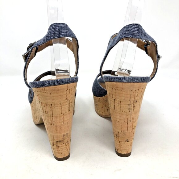 14th & Union Sandals Womens 8.5M Blue Fabric Peep Toe Slingback Chunky Cork Heel - Picture 6 of 9